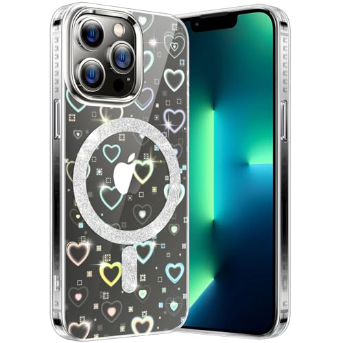 Hülle für iPhone 13 Pro Kompatibel mit MagSafe, Transparent Glitzer Love Herzen Magnetische HandyHülle Case Schutzhülle Leicht Dünn Kratzfeste Rückseite, Schillernd Fluoreszierend Crystal Klar von nicekool