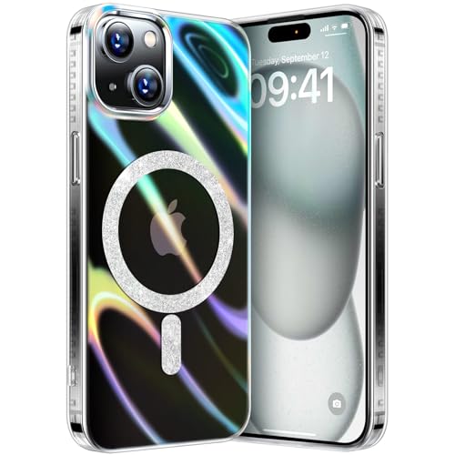 Hülle für iPhone 15 Plus/14 Plus Kompatibel mit MagSafe, Magnetische HandyHülle Case für iPhone 15 Plus/14 Plus Schutzhülle Kratzfeste Rückseite Transparenter Laser Regenbogen, Fluoreszierend Klar von nicekool