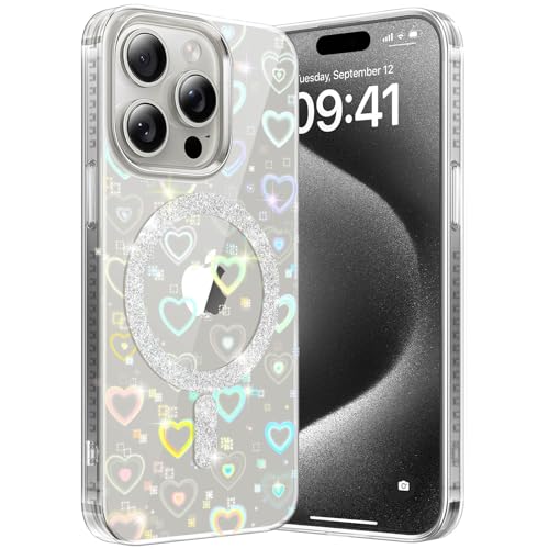 Hülle für iPhone 15 Pro Kompatibel mit MagSafe, Transparent Glitzer Love Herzen Magnetische HandyHülle Case Schutzhülle Leicht Dünn Kratzfeste Rückseite, Schillernd Fluoreszierend Crystal Klar von nicekool