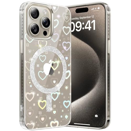 Hülle für iPhone 15 Pro Max Kompatibel mit MagSafe, Transparent Glitzer Love Herzen Magnetische HandyHülle Case Schutzhülle Leicht Dünn Kratzfeste Rückseite, Schillernd Fluoreszierend Crystal Klar von nicekool