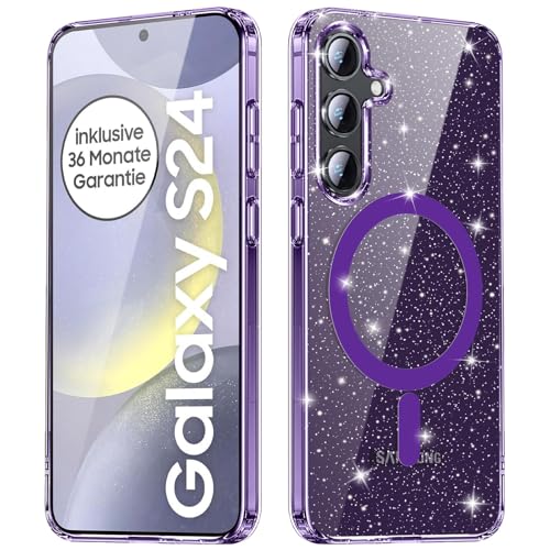 nicekool Hülle für Samsung Galaxy S24 Kompatibel mit MagSafe, Transparent Glitzer Magnetische HandyHülle Case für Frauen Bling Schutzhülle Leicht Dünn Kratzfeste Rückseite, Lila von nicekool