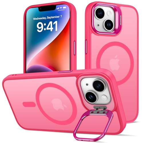 nicekool Hülle für iPhone 14/13 mit Ständer, Kompatibel mit Magsafe Integrierter Versteck Kameraständer Handyhülle Stoßfest Schutzhülle Cover Durchscheinend Matt Schutzhülle Case, Rot von nicekool
