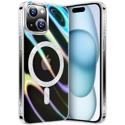 nicekool Hülle für iPhone 15 Kompatibel mit MagSafe, Magnetische HandyHülle Case für iPhone 15 Schutzhülle Kratzfeste Rückseite Transparenter Laser Regenbogen, Schillernd Fluoreszierend Klar von nicekool