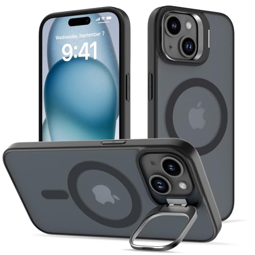 nicekool Hülle für iPhone 15 Plus mit Ständer, Kompatibel mit Magsafe Integrierter Versteck Kameraständer Handyhülle Stoßfest Schutzhülle Cover Durchscheinend Matt Schutzhülle Case, Schwarz von nicekool