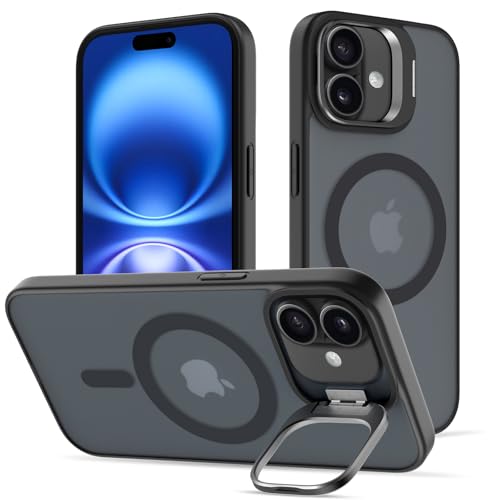 nicekool Hülle für iPhone 16 mit Ständer, Kompatibel mit Magsafe Integrierter Versteck Kameraständer Handyhülle Stoßfest Schutzhülle Cover Durchscheinend Matt Schutzhülle Case, Schwarz von nicekool