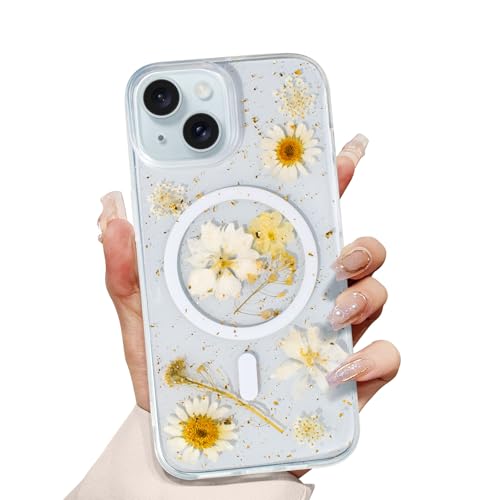 Magnetisch Hülle Blumen für iPhone 15, Kompatibel mit MagSafe, Durchsichtig Sonnenblume Handyhülle Glitzer Echte Getrocknete Blumen Hülle Transparent Stoßfest Schutzhülle Florale Gänseblümchen Magnetisch Hülle Blumen für iPhone 15, Kompatibel mit MagSafe, Durchsichtig Sonnenblume Handyhülle Glitzer Echte Getrocknete Blumen Hülle Transparent Stoßfest Schutzhülle Florale Gänseblümchen von nicekool