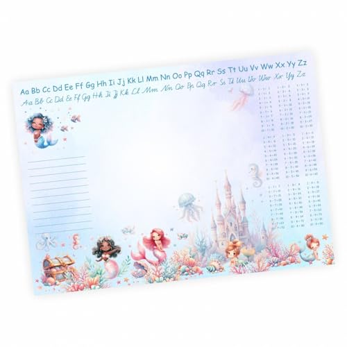 A3 Schreibtischunterlage Meerjungfrau Unterwasser mit kleinem 1x1 und Alphabet Notizblock 50 Blatt Malunterlage Papier 50 Blatt Kinder Mädchen Schreibtisch Auflage von nikima Schönes für Kinder