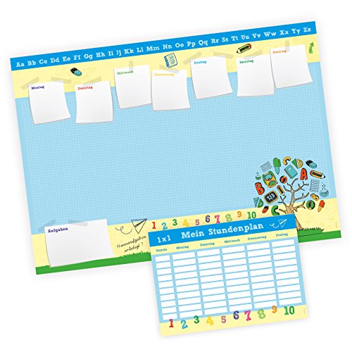 SET Schreibtischunterlage & Stundenplan Schulkind blau mit 1x1 - Block A2-25 Blatt Papier - schönes Geschenk zum Schuleintritt Schulanfang Einschulung Schulkind von nikima Schönes für Kinder