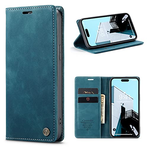 Niloucase Kompatibel mit iPhone 15 Pro Hülle Leder,Magnetverschluss Premium PU Leder Flip Case,Standfunktion.-Grün-Blau von niloucase