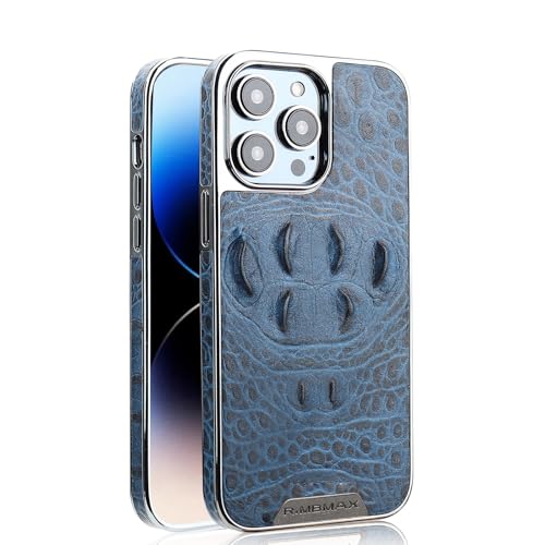 nincyee Echtes Leder für iPhone 15 Pro, luxuriöses Krokodil-Kopfentlastung, Premium-Rindsleder, vollständige Abdeckung, Schutz, Stoßfängerschale, Blau von nincyee