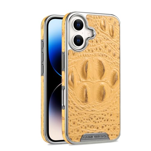nincyee Echtes Leder für iPhone 16, luxuriöses Krokodil-Kopfentlastung, Premium-Rindsleder, vollständige Abdeckung, Schutz, Stoßfängerschale, Gelb von nincyee