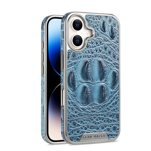 nincyee Echtes Leder für iPhone 16 Plus, luxuriöses Krokodil-Kopfentlastung, Premium-Rindsleder, vollständige Abdeckung, Schutz, Stoßfängerschale, Blau von nincyee