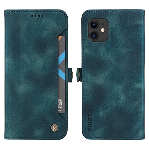 nincyee Klapphülle für iPhone 11, hochwertiges Hauttexturleder, Retro-Knopfverschluss, Brieftaschenformat, Standfunktion, mit 4 Kartenfächern, Blau von nincyee
