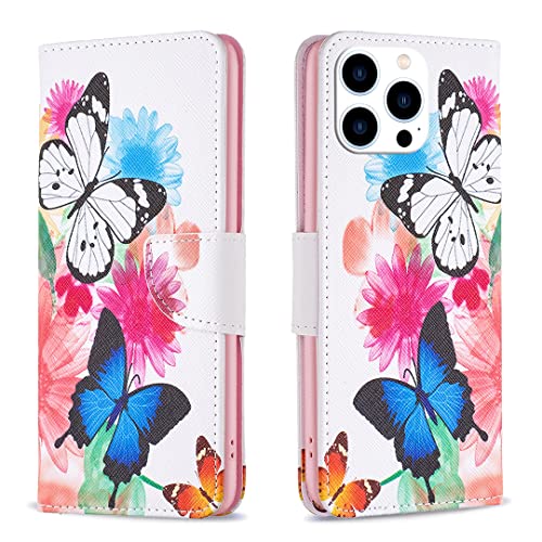 nincyee Klapphülle für iPhone 16 Pro, Schmetterling, Smile, Bär, Blumenbaum, buntes Muster, PU-Leder, Brieftaschenformat, Ständer von nincyee