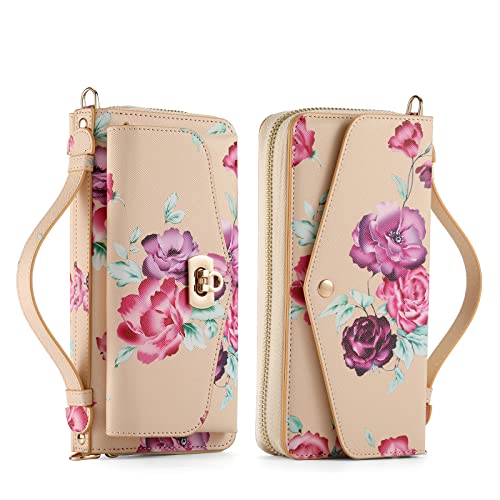 nincyee Multifunktionale Schutzhülle für iPhone 13 Pro Max, großes Fassungsvermögen, Blumenmuster, Leder, Reißverschluss, Clutch-Tasche mit Schultergurt von nincyee