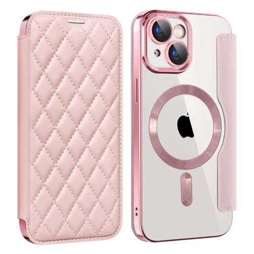 nincyee Schutzhülle für iPhone 15, elegantes Rautenmuster, Premium-PU-Leder, Brieftaschen-Klapphülle + TPU-Magnetanziehungsschale, kabelloses Aufladen, kompatibel mit rosa von nincyee
