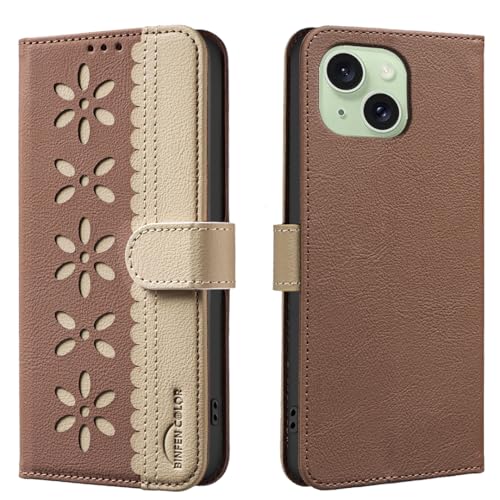 nincyee Schutzhülle für iPhone 15 Plus/14 Plus, klassisches kleines Blumenmuster, Premium-Leder, Brieftaschenformat, Ständer, Klappetui, Magnetverschluss von nincyee