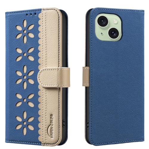 nincyee Schutzhülle für iPhone 15 Plus/14 Plus, klassisches kleines Blumenmuster, Premium-Leder, Brieftaschenformat, Ständer, Klappetui, Magnetverschluss von nincyee