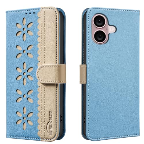 nincyee Schutzhülle für iPhone 16, klassisches kleines Blumenmuster, Premium-Leder, Brieftaschenformat, Standfunktion, Magnetverschluss von nincyee