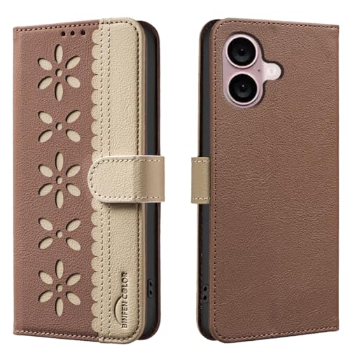 nincyee Schutzhülle für iPhone 16, klassisches kleines Blumenmuster, Premium-Leder, Brieftaschenformat, Standfunktion, Magnetverschluss von nincyee