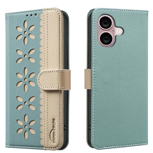nincyee Schutzhülle für iPhone 16, klassisches kleines Blumenmuster, Premium-Leder, Brieftaschenformat, Standfunktion, Magnetverschluss von nincyee