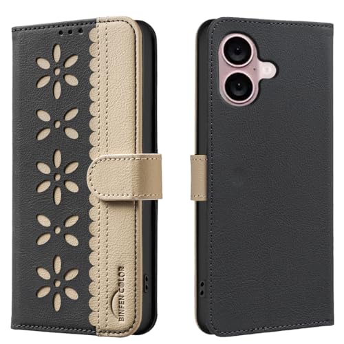 nincyee Schutzhülle für iPhone 16, klassisches kleines Blumenmuster, Premium-Leder, Brieftaschenformat, Standfunktion, Magnetverschluss von nincyee