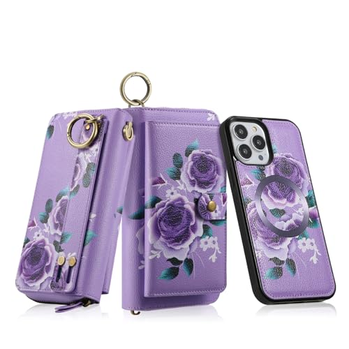 nincyee Schutzhülle mit Blumenmuster für iPhone 13 Mini, große Kapazität, multifunktionale Damen-Clutch mit Gürtelhaken, Ledergeldbörse, Reißverschlusstasche, magnetische Anziehungskraft, Basichülle, von nincyee
