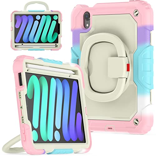 nincyee Strapazierfähige Tablet-Schutzhülle für iPad Mini 7. / 6. 21,1 cm (8,3 Zoll), 3-in-1, stoßfeste Silikonhülle mit Stifthalter, Schultergurt, unsichtbare Halterung, klappbarer Ständer von nincyee