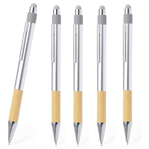 5er Set Druckkugelschreiber mit Touchfunktion für Smartphone Tablet Stylus Stylo aus Recycling Aluminium und Bambus mit Grossraummine (Blau) Metallclip Nachhaltig und Ressourcenschonend von noTrash2003