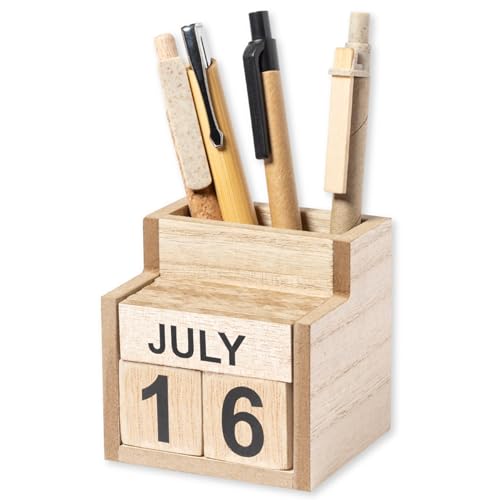 Ewiger Kalender Dauerkalender Tischkalender aus MDF Holz im Vintage Design mit auswechselbarem Datum mit Stiftehalter Utensilo Ordnung und Nachhaltigkeit am Schreibtisch von noTrash2003