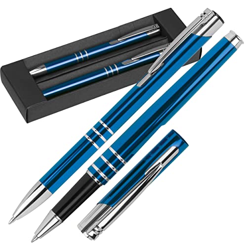 Schreibset aus Metallkugelschreiber mit Grossraummine und Rollerball 2 Schreibgeräte im Pappschuber in Blau, Schwarz, Silber oder Rot (Blau) von noTrash2003