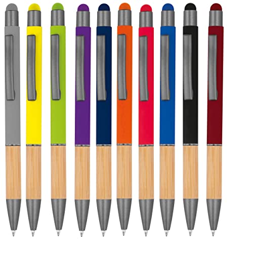 noTrash2003 10 ergonomische Kugelschreiber mit Metallspitze und Bambus Griffzone und Touchfunktion 10 Farben Druckkugelschreiber Mehrfarbig blauschreibend (Farbmix) von noTrash2003