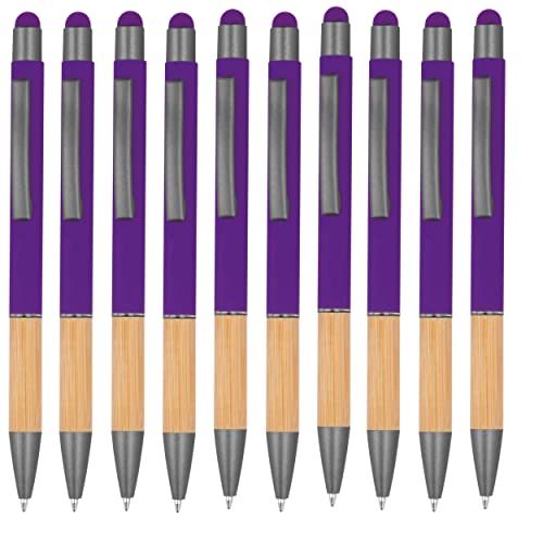 noTrash2003 10 ergonomische Kugelschreiber mit Metallspitze und Bambus Griffzone und Touchfunktion 10 Farben Druckkugelschreiber Mehrfarbig blauschreibend (Lila) von noTrash2003