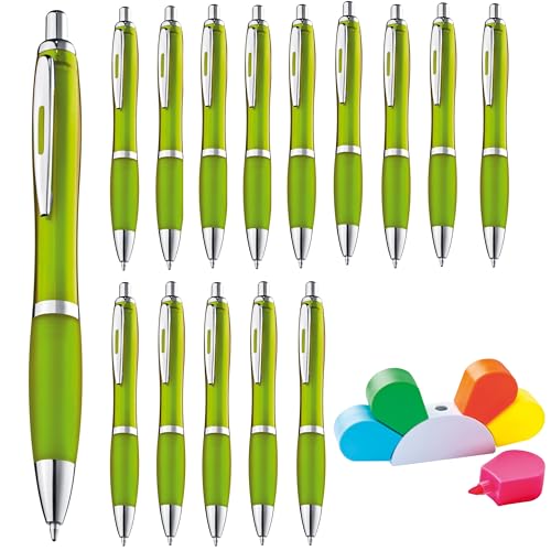 noTrash2003 50 Stück ergonomischer Kugelschreiber Kulis Druckkugelschreiber in trendigen Farben für Gewerbe, Gastronomie, Haushalt, Schule im Sparset mit gratis Textmarker inklusive (Hellgrün) von noTrash2003