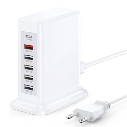 55W 6-in-1 Desktop Ladestation, Multi-USB-Port-intelligenter Ladehub (1USB-C+5USB-A), ausgestattet mit PD und QC3.0-Schnellladegeräten, kompatibel mit iPhone/Samsung und Anderen USB-Geräten von nongxiang