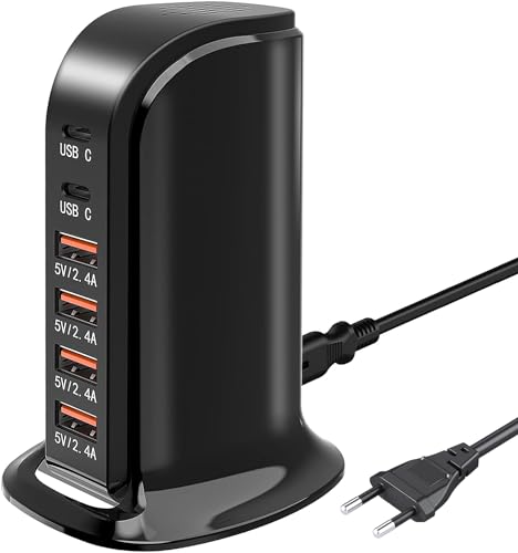 Multi USB Ladegerät, 40W 6-Port USB C Ladestation, mit 4 USB A und 2 USB C, USB C Ladegerät netzteil, USB Multiport Ladegerät Tower kompatibel mit iPhone/Samsung/Xiaomi/Tablet/Smartwatch/Kopfhörer von nongxiang