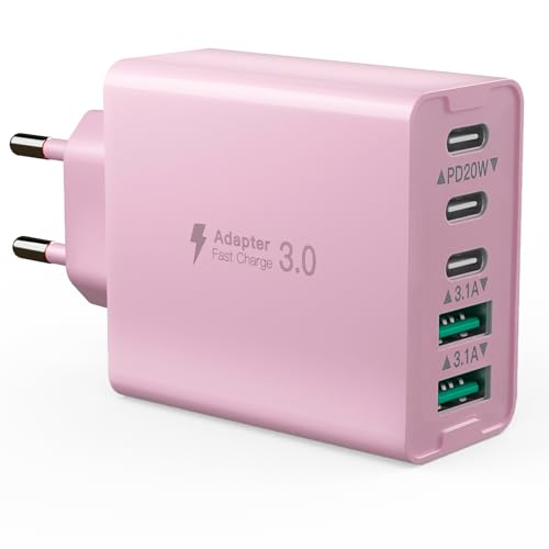 50W 5-Port Mehrfach Ladegerät, USB C Netzteil Mit 3 USB C+2 QC, PD20W Schnellladegerät, Wandladegerät, Kompatibel Mit iPhone 12/13/14/15/Samsung S24/S23/S22/Tablet (Rosa) von nongxiang