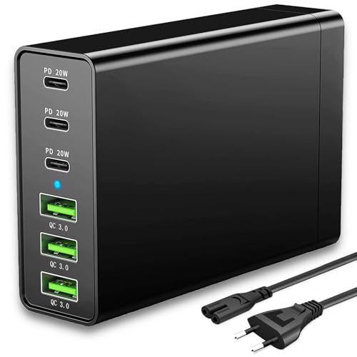 USB C Ladegerät, 96W GaN 6 Port Mehrfach Ladestation, Schnellladegerät PD USB C Desktop Ladegerät kompatibel mit iPhone Samsung/Xiaomi/Tablet/Smartwatch von nongxiang
