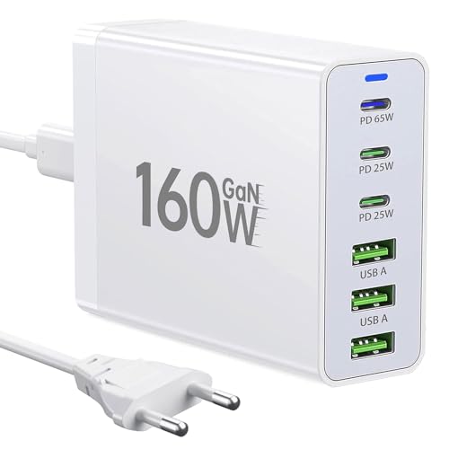 USB C Ladegerät,160W GaN 6 Port Mehrfach Ladestation,Schnellladegerät PD USB C Desktop Ladegerät kompatibel mit iPhone/Samsung/Xiaomi/Tablet/Smartwatch/Kopfhörer von nongxiang