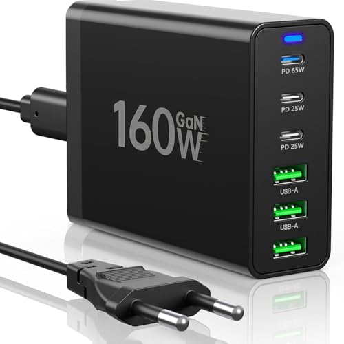 USB C Ladegerät,160W GaN 6 Port Mehrfach Ladestation,Schnellladegerät PD USB C Desktop Ladegerät kompatibel mit iPhone/Samsung/Xiaomi/Tablet/Smartwatch/Kopfhörer von nongxiang