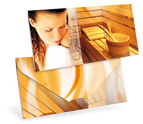 Gutscheinkarten (10 Stück) - Geschenkgutscheine für Sauna, Wellness, Salzgrotte - DIN lang Faltkarte verschließbar, blanko Vordruck zum Eintragen der Werte von notizblock24
