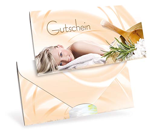 Gutscheinkarten (10 Stück) - Geschenkgutscheine für Wellness, Massage, Salzgrotte - DIN lang Faltkarte verschließbar, blanko Vordruck zum Eintragen der Werte von notizblock24