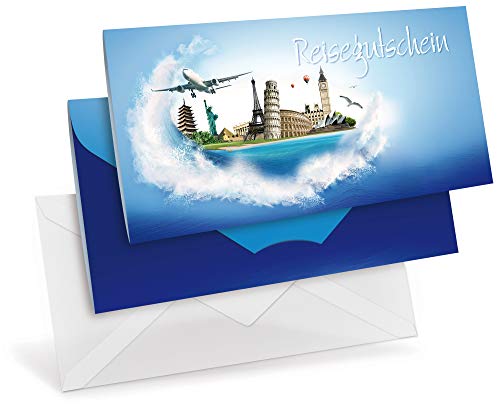 Gutscheinkarten (10 Stück) mit transparenten Briefumschlägen - Geschenkgutscheine Flug, Reisen, Reisebüro- DIN lang Faltkarte verschließbar, blanko Vordruck zum Eintragen der Werte von notizblock24