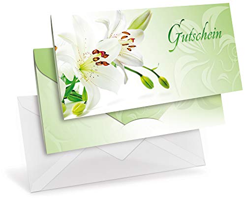 Gutscheinkarten (10 Stück) mit transparenten Briefumschlägen - Geschenkgutscheine für Blumenhandel, Floristik, Ostern - DIN lang Faltkarte verschließbar von notizblock24