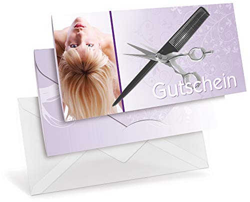 Gutscheinkarten (10 Stück) mit transparenten Briefumschlägen - Geschenkgutscheine für Friseur, Hairstyling, Coiffeure - DIN lang Faltkarte verschließbar, blanko Vordruck zum Eintragen der Werte von notizblock24