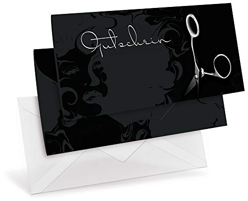 Gutscheinkarten (10 Stück) mit transparenten Briefumschlägen - Geschenkgutscheine für Friseur, Studio, Styling - DIN lang Faltkarte verschließbar von notizblock24