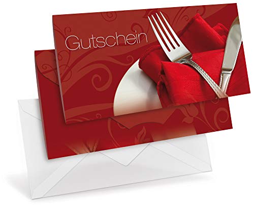 Gutscheinkarten (10 Stück) mit transparenten Briefumschlägen - Geschenkgutscheine für Gastronomie, Restaurant, Gaststätten, DIN lang Faltkarte verschließbar, blanko Vordruck zum Eintragen der Werte von notizblock24