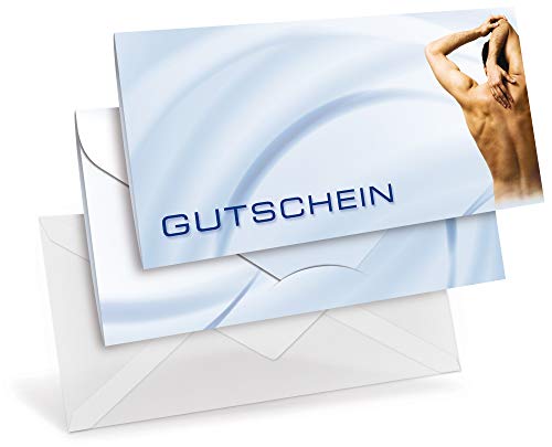 Gutscheinkarten (10 Stück) mit transparenten Briefumschlägen - Geschenkgutscheine für Physiotherapie, Fitness, Sport - DIN lang Faltkarte verschließbar, blanko Vordruck zum Eintragen der Werte von notizblock24