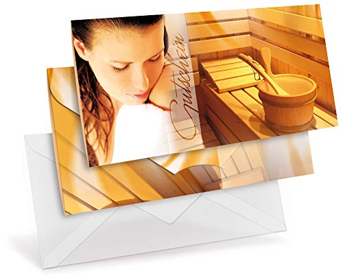 Gutscheinkarten (10 Stück) mit transparenten Briefumschlägen - Geschenkgutscheine für Sauna, Wellness, Salzgrotte - DIN lang Faltkarte verschließbar von notizblock24