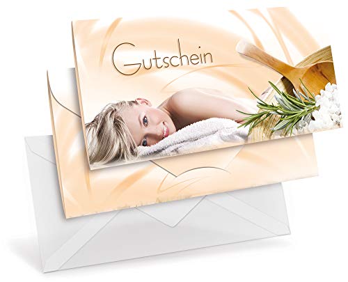 Gutscheinkarten (10 Stück) mit transparenten Briefumschlägen - Geschenkgutscheine für Wellness, Massage, Salzgrotte - DIN lang Faltkarte verschließbar, blanko Vordruck zum Eintragen der Werte von notizblock24